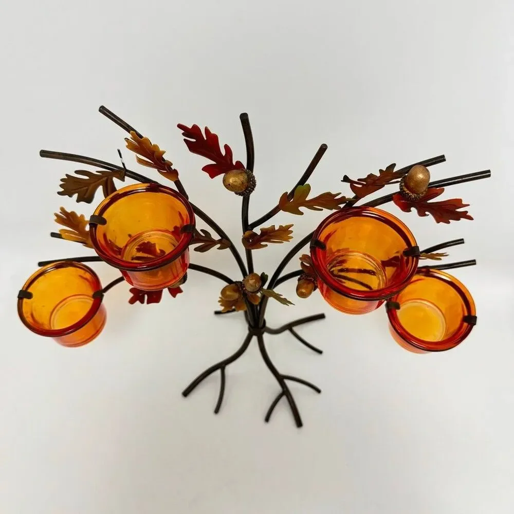 Metal Tree Votives Candle Holder With Orange Glass And Acorn Details